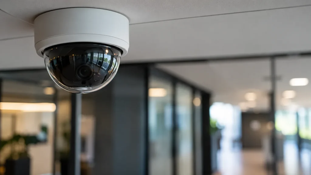 Kosten alarmsysteem: domecamera aan het plafond van een bedrijfsruimte