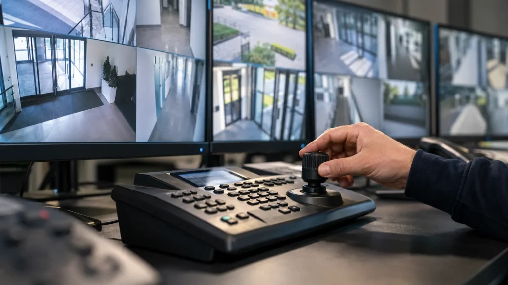 Beveiligingsinstallateur gezocht: beelden van beveiligingscamera's op meerdere schermen